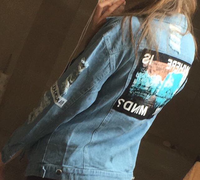 Retro frayed embroidery letter patch bomber jacket women Denim Coat Female - Shopizhu