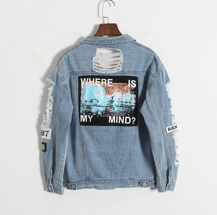 Retro frayed embroidery letter patch bomber jacket women Denim Coat Female - Shopizhu